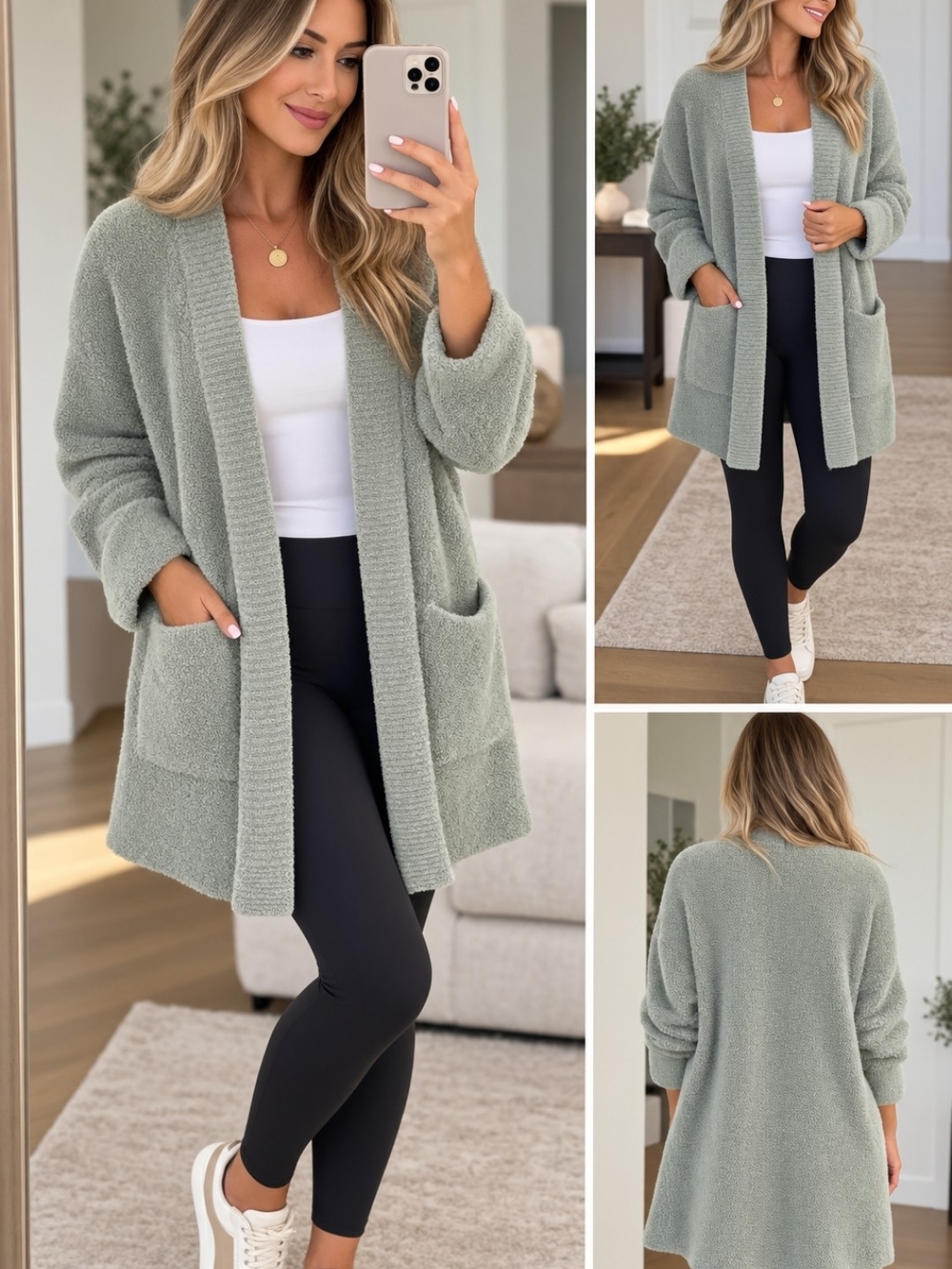 Sincerly Jules Open-Front Cozy Pocket Cardigan in Sage